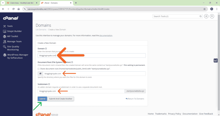 BloggingRoyale.com Add A New Domain in cPanel Enter The Domain