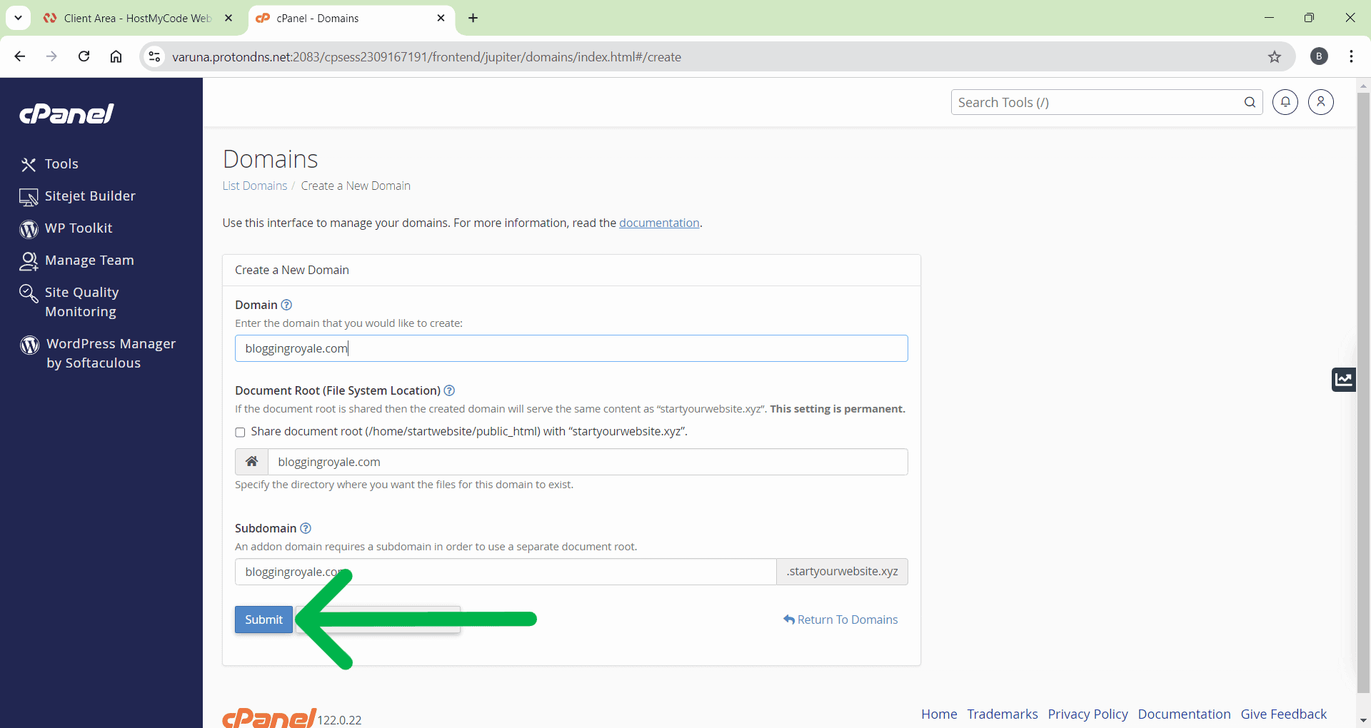 BloggingRoyale.com Add A New Domain in cPanel Submit