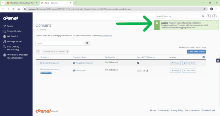 BloggingRoyale.com Add A New Domain in cPanel Success Notice